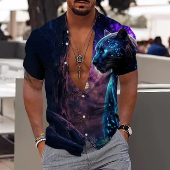 Мужские рубашки с животными, 3d леопардовый принт, высококачественная мужская одежда, Летние повседневные гавайские свитшоты для пляжной вечеринки с короткими рукавами
