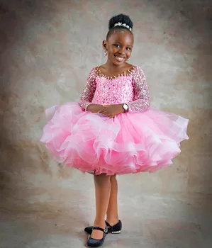 Розовое красивое платье для маленьких девочек на день рождения, расшитое жемчугом, бисером, Пушистое платье с цветочным узором для девочек, платье с длинным рукавом для Первого причастия