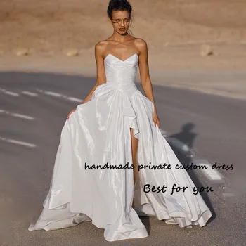 Атласные свадебные платья трапециевидной формы с белыми складками, Сексуальные пляжные свадебные платья с разрезом на ножках и открытой спиной, Длинное платье невесты