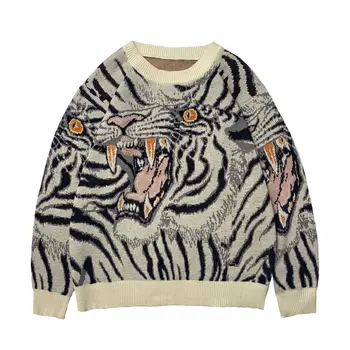 Винтажный мужской Пуловер Kapital в непринужденном стиле, повседневный Вязаный пуловер с животным принтом, Жаккардовый свитер в стиле японского ретро с тотемом тигра на шее