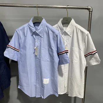Летняя повседневная рубашка TB с короткими рукавами и двумя рукавами из красной, белой и синей ленты, оксфордская прядильная повседневная рубашка для мужчин и женщин