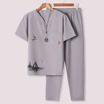 Мужская льняная футболка с принтом чая Дзен, Брюки, одежда для кунг-фу, Восточный модный повседневный топ с V-образным вырезом, Винтажные брюки Тайцзи