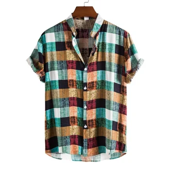 Мужская одежда 2021, Летняя Новая Мужская Модная Трендовая Цветная Рубашка в клетку со Стоячим воротником и короткими рукавами Camisas Para Hombre
