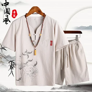 Свободный повседневный костюм из хлопка и льна в китайском стиле, пижама, мужская летняя домашняя одежда из тонкого льна с вышивкой, можно носить снаружи