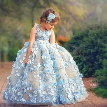 Бальное платье Принцессы, платья с цветочным узором для девочек на Свадьбу, платья для малышей с 3D цветочной аппликацией, Пышный Тюль Длиной до пола