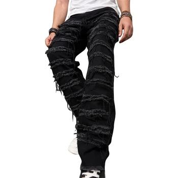Многослойные джинсы для мужчин, рваные джинсы, облегающие многослойные джинсовые брюки, Винтажные джинсы в стиле хип-хоп в стиле пэчворк, уличные брюки