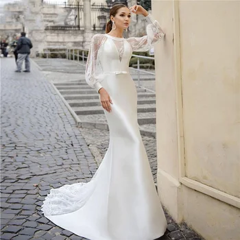 Кружевное Атласное свадебное платье Русалки с длинным рукавом-фонариком, Элегантные пляжные свадебные платья с круглым вырезом и бантом vestidos de novia