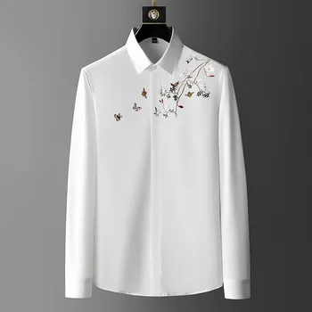 Бренд 2023, Осенняя Мужская рубашка с вышивкой бабочки, Красивые Повседневные рубашки с длинным рукавом, Приталенная деловая блузка для светской вечеринки 5XL