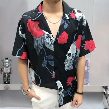 Летняя Мужская рубашка Camisa Fashion Moda Hombre 2023, Рубашка с Цветочным Рисунком Черепа, Повседневная мужская рубашка с коротким рукавом, Уличная Одежда