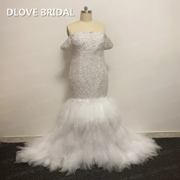 Новое стильное свадебное платье Русалки с открытыми плечами, кружевное свадебное платье с серебряными блестками, Фабричные реальные фотографии от DLOVE BRIDAL