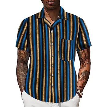 Мужская рубашка, Летние футболки с коротким рукавом и принтом в полоску, Модные повседневные рубашки с гавайским отворотом, Негабаритная мужская одежда
