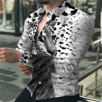 Мужские рубашки с леопардовым 3D принтом, длинными рукавами и лацканами и топы на пуговицах - модная мужская уличная одежда в стиле барокко.
