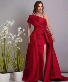 Женское Красное Атласное платье для Выпускного вечера для Женщин, Вечерняя вечеринка, Длина до пола, Саудовское Вечернее платье на одно плечо с Разрезом
