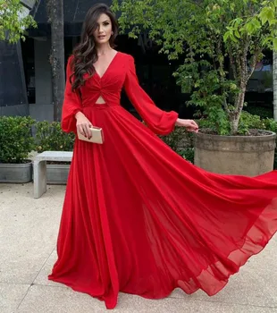 Элегантные Длинные красные женские платья для вечеринок с V-образным вырезом, шифоновое платье трапециевидной формы длиной до пола, плиссированное платье для выпускного вечера в стиле 