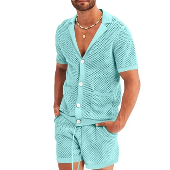 Комплекты мужской одежды из двух предметов для отдыха на Пляже, Повседневные Свободные Трикотажные костюмы с вырезами, рубашка с лацканами на пуговицах и Шорты, Комплект Мужской