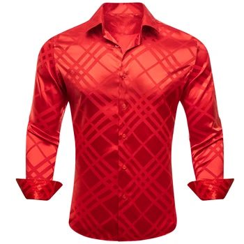 Шелковые рубашки для мужчин, Атласная Красная Однотонная мужская Блузка с длинным рукавом, повседневные вечерние топы, дышащие Barry Wang