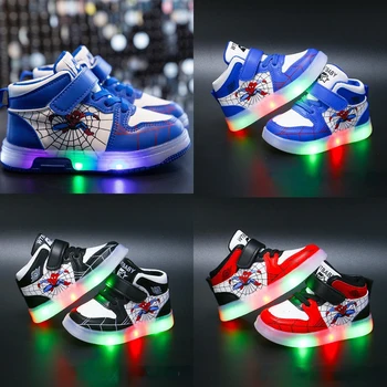 Кроссовки Marvel с Человеком-пауком Для мальчиков, спортивная обувь со светодиодной подсветкой для маленьких девочек, Человек-паук, Ходунки, Светящаяся обувь, Размеры 21-30, подарки для детей