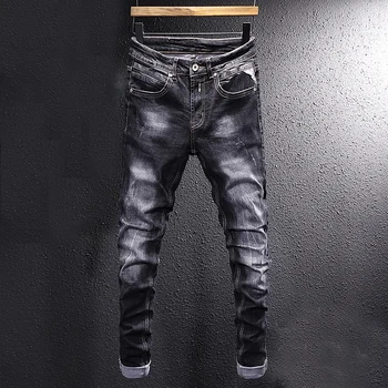 Модные Уличные Мужские джинсы в стиле Ретро, черные, серые, Эластичные, тонкие, Рваные Джинсы, Мужские Винтажные Дизайнерские повседневные джинсовые брюки-стрейч Hombre