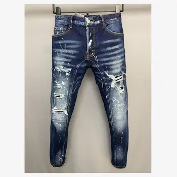 Мужской Модный Стиль, Повседневные джинсы Slim Fit, Модные Джинсовые брюки с надписью High Street, расписанные дырками A512