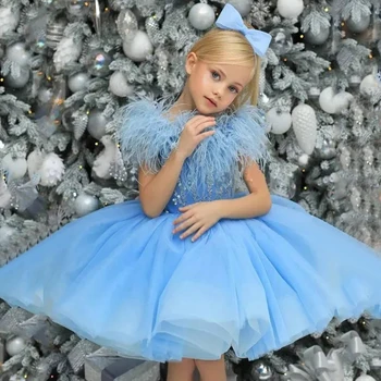 Небесно-голубые платья с перьями и цветами для девочек, пышное бальное платье с коротким рукавом, расшитое бисером и пайетками, детские праздничные платья длиной до колена