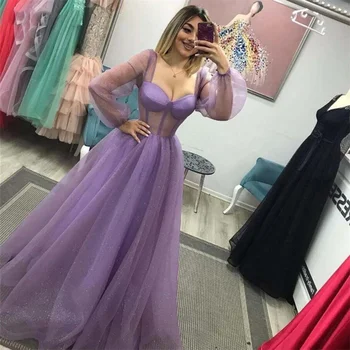 Сиренево-фиолетовое платье для женщин, тюлевые платья для выпускного вечера, пышные вечерние платья в пол с длинными рукавами в виде косточек, Женское вечернее платье