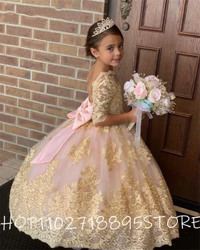 Золотые Платья Трапециевидной формы с Половинными рукавами и цветочным узором для девочек, Бальное платье с тюлевыми Иллюзионными аппликациями, Детское Блестящее Вечернее платье Принцессы 2022