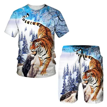 Костюм с футболкой с 3D-принтом Tiger, летние мужские пляжные брюки с короткими рукавами и круглым вырезом, спортивная одежда из 2 предметов, шорты для плавания