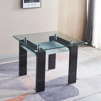 [Срочная распродажа] Квадратный двухслойный обеденный стол из закаленного стекла 39,4x39,4x29,5 дюймов с черно-белыми ножками из МДФ [US-W]