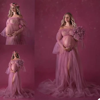 Сексуальные платья для беременных с иллюзорными оборками, открытыми плечами и вырезом лодочкой, Тюлевое платье для Фотосессии для мамы, Халат длиной до пола, Ночное белье