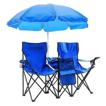 Портативный уличный складной стул на 2 места со съемным зонтиком от солнца синего цвета для рыбалки и принятия солнечных ванн