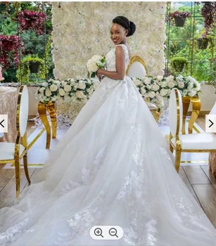 Роскошные свадебные платья Трапециевидной формы без рукавов с открытой спиной, Свадебное платье Vestido de Noiva с цветочными аппликациями и длинным хвостом