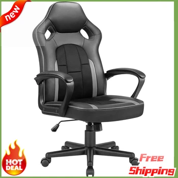 Игровое кресло из искусственной кожи с высокой спинкой, офисное кресло с регулируемой высотой, Эргономичное компьютерное кресло в гоночном стиле с поясничной поддержкой-США-NEW