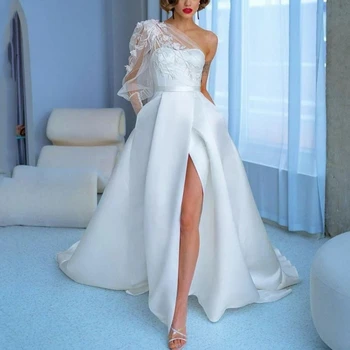 Женское свадебное платье трапециевидной формы с одним плечом LaBoum свадебное платье vestido de noiva без рукавов с открытой спиной на молнии с разрезом по бокам
