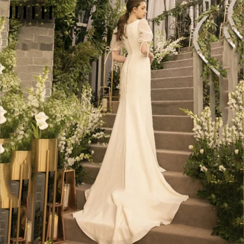Свадебное платье JEHETH с квадратным воротником в винтажном стиле, Простые атласные Пышные рукава, Свадебное платье с бантом, Элегантное Платье Принцессы на пуговицах Сзади