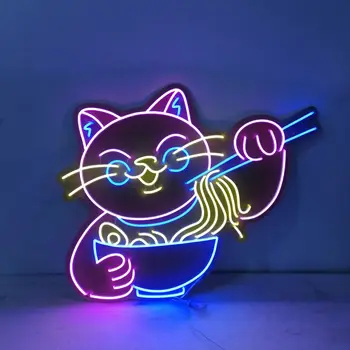 Неоновая ночная вывеска для отеля Lucky Cat Дисплей Неоновые огни Лампа для украшения комнаты Реклама Letrero Неоновая вывеска магазина Лапши