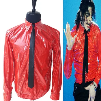 MJ In Memory of Michael Jackson Красная тонкая рубашка Из искусственной кожи Dangerous Jam Magic Tape VEL-CRO Рубашка Галстук Для Танцора Quikly Change
