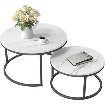Журнальный столик AUKFA Round Nesting, Набор из 2 современных журнальных столиков со столешницей из искусственного мрамора для гостиной, квартиры, Офиса - Черный
