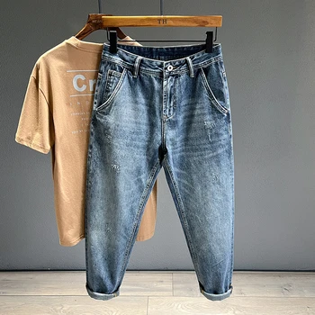 2023 Осенние Новые Джинсы для мужчин, Укороченные брюки в стиле Уличный хип-хоп, Облегающие Модные Винтажные потертые джинсовые брюки, мужская Уличная одежда