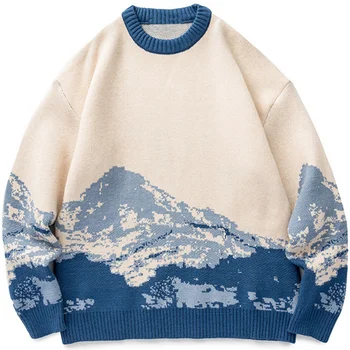Мужская одежда в стиле хип-хоп, свитер в стиле Харадзюку, Винтажный японский стиль, Снежная гора, Вязаный свитер, Зимний Повседневный Пуловер, Трикотаж
