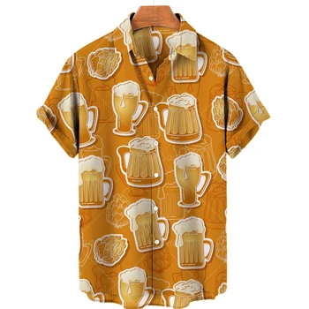 Мужская рубашка с пивным 3D принтом, гавайская пляжная рубашка Ahloa с короткими рукавами и отворотом на пуговицах, европейская одежда, новинка 2023 года