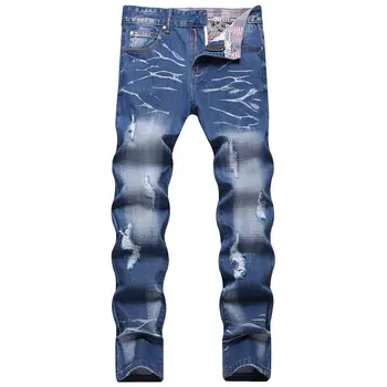 2022 Новые Модные Мужские Хлопчатобумажные Джинсы с рваными дырками, Повседневные Узкие Синие Джинсы, Мужские брюки, Повседневные мужские джинсовые брюки в стиле хип-хоп