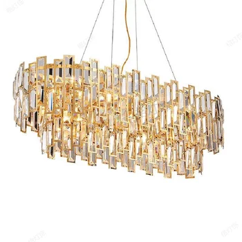 роскошные новые лампы LED crystal ресторанный светильник post современная люстра прямоугольник творческая личность столовая лампа золотой свет