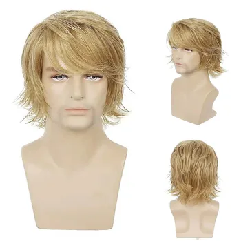Мужской короткий кудрявый парик из синтетических волос с челкой, коричневый Блондин, Парики из термостойкого волокна для ежедневного использования мужчинами