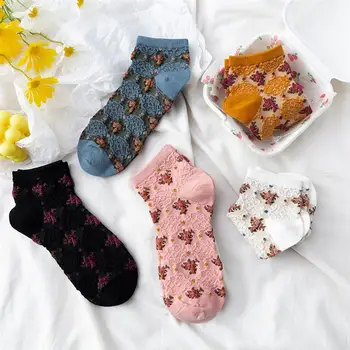 5 Пар Винтажных носков для экипажа с цветами розы, Хлопчатобумажные носки, женские летние носки, модные женские носки с цветочной вышивкой, мягкие кавайные носки для девочек