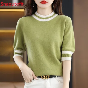 Женская футболка, Весенне-летняя женская одежда, Шерстяной свитер, Вязаная футболка, Топ с круглым вырезом, Свободный пуловер большого размера с коротким рукавом