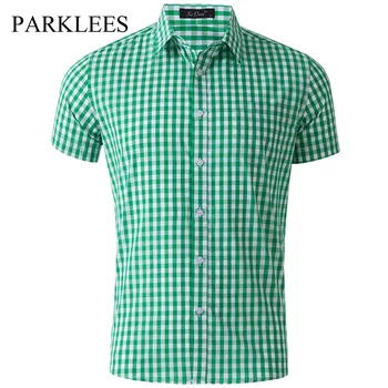 Мужская Хлопчатобумажная рубашка Parklees в мелкую клетку, Брендовая Классическая однотонная рубашка с коротким рукавом и пуговицами, повседневная клетчатая рубашка обычного покроя
