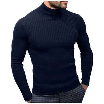 Осенне-зимняя мужская блузка, водолазка, вязаная футболка с длинным рукавом, однотонная облегающая нижняя рубашка, повседневный базовый пуловер