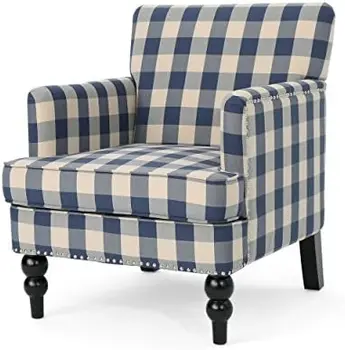 Клубный стул из хохлатой ткани, синяя шахматная доска, темно-коричневый, 32D x 28,75 W x 34,5H in
