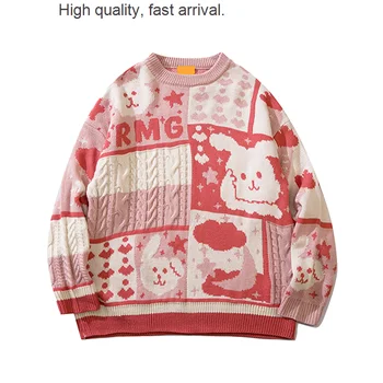 Милый Новый винтажный свитер с мультяшным кроликом, мужская японская пара, свободный пуловер в ленивом стиле, свитер