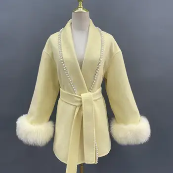 Кашемировое пальто для девочек, Осенне-Зимнее Шерстяное платье, Тренч с манжетами из лисьего меха